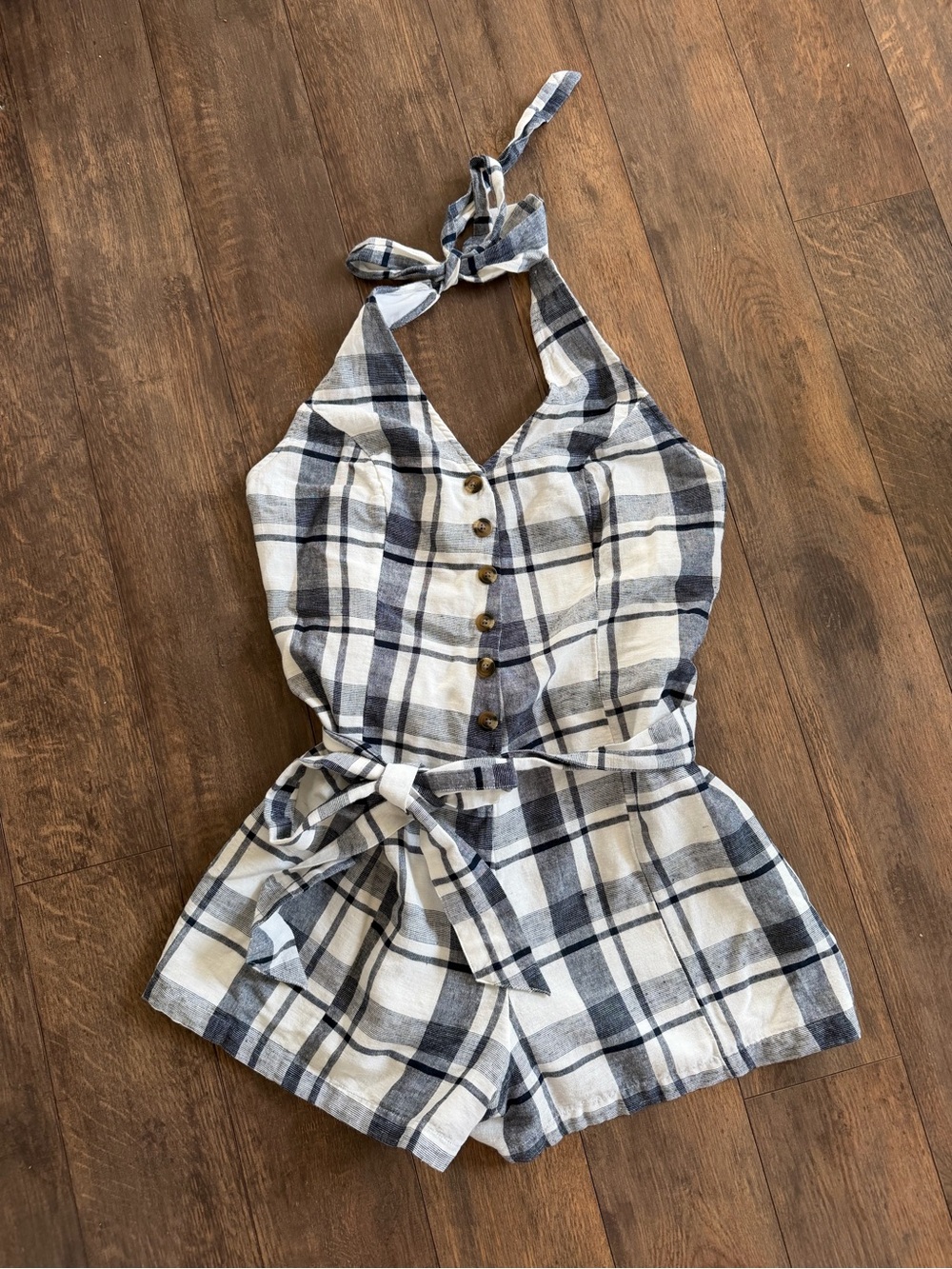 Plaid Halter Button Romper in Navy & white